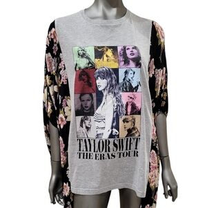 212B. Taylor Swift Upcycled Gray Graphic Tee with Black Floral Kimono